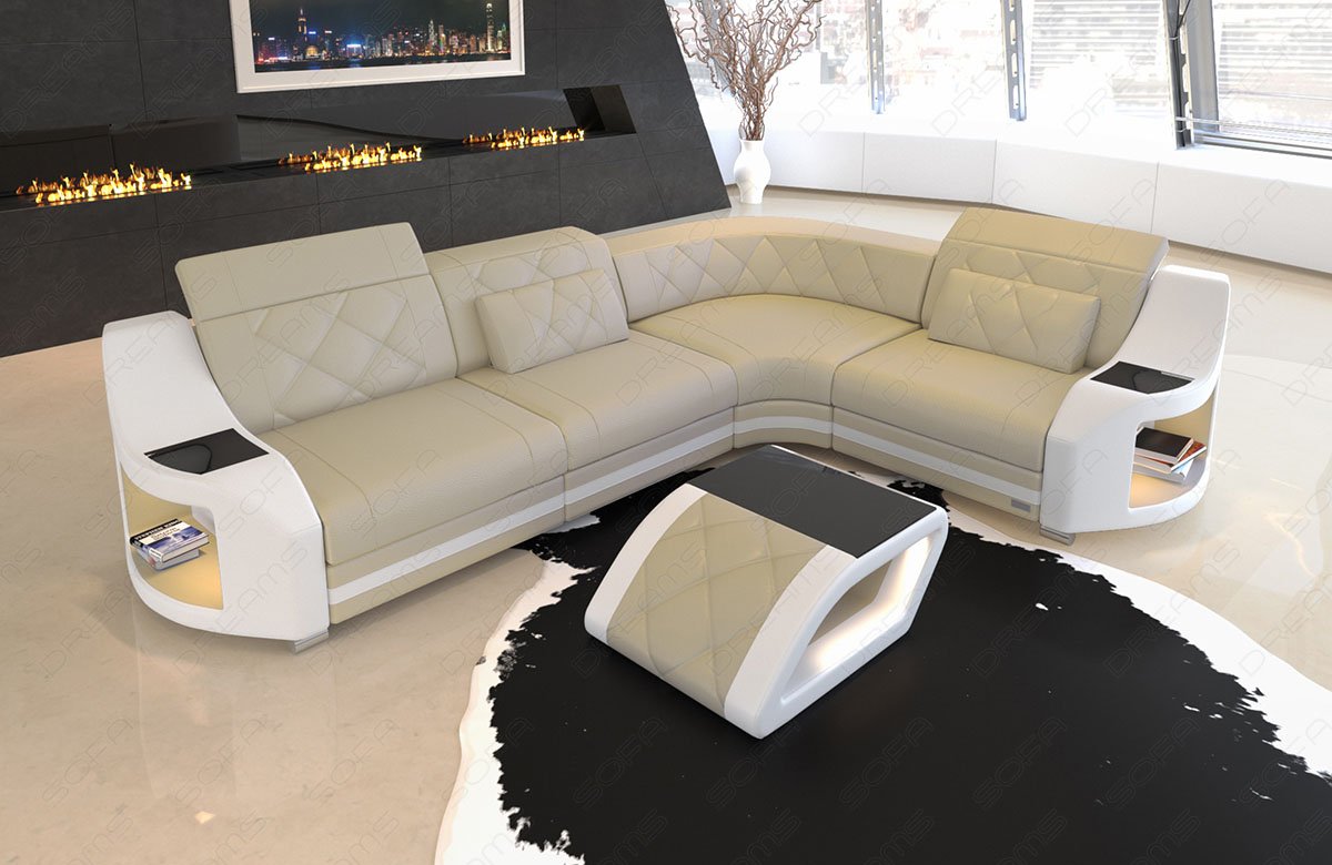 Ecksofa Genua L Form Leder in beige-weiss