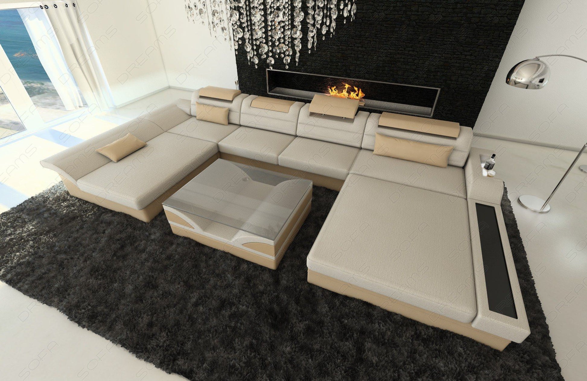 U Form Mini Sofa Monza mit LED und Stoffbezug in elfenbein - Hugo1 Strukturstoff