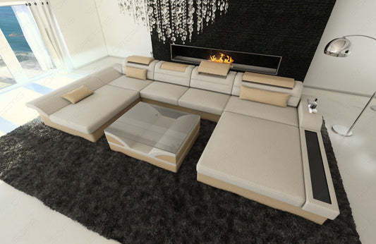 U Form Mini Sofa Monza mit LED und Stoffbezug in elfenbein - Hugo1 Strukturstoff