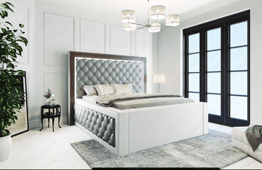 Designer Wasserbett Varese mit LED Beleuchtung in grau-weiß - Bezug Kunstleder Premium