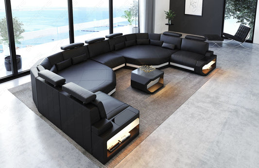Luxus Leder Wohnlandschaft Asti XXL mit 2 Relax Ecken und LED Beleuchtung. Couchtisch und USB Anschlüsse sind optional erhältlich.