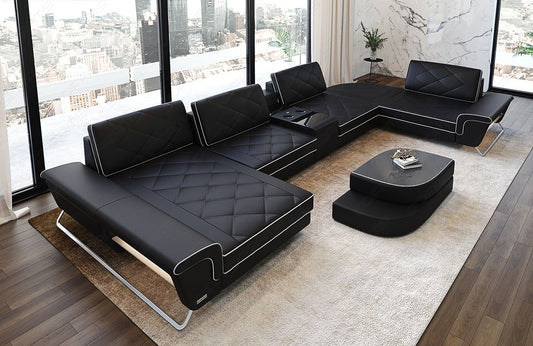 Leder Wohnlandschaft Bari U Form in schwarz-weiß