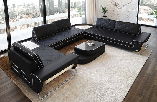 Leder Wohnlandschaft Sepino U Form in schwarz-weiß