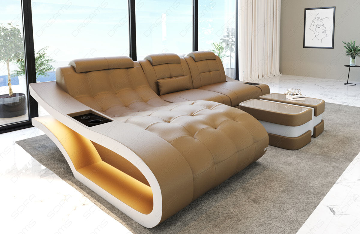 Leder Ecksofa Elegante L Form mit LED Beleuchtung in sandbeige-weiß