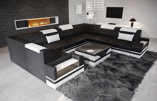 Luxus Couch Trivento U Form - Leder Wohnlandschaft in schwarz-weiß