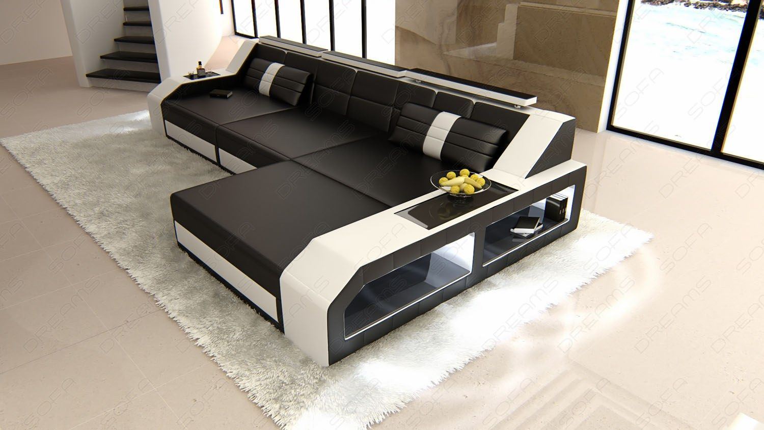 Echtleder Sofa Arezzo L Form in schwarz-weiss