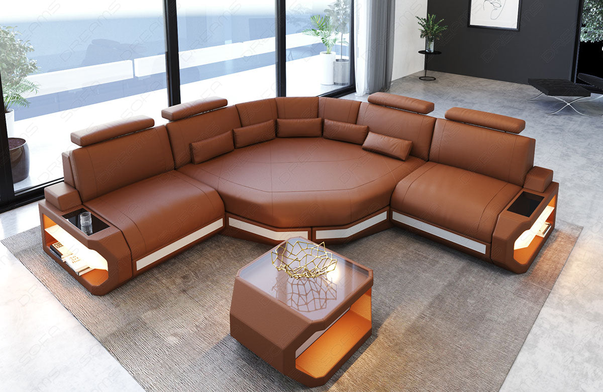 Leder Ecksofa Asti L Mini mit LED Beleuchtung in hellbraun-weiß