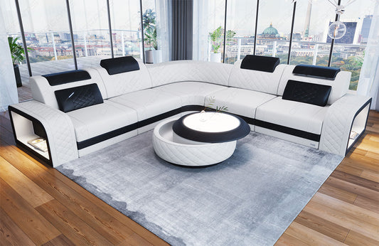 L Form Mini Ledersofa Foggia mit LED und USB in weiß - schwarz