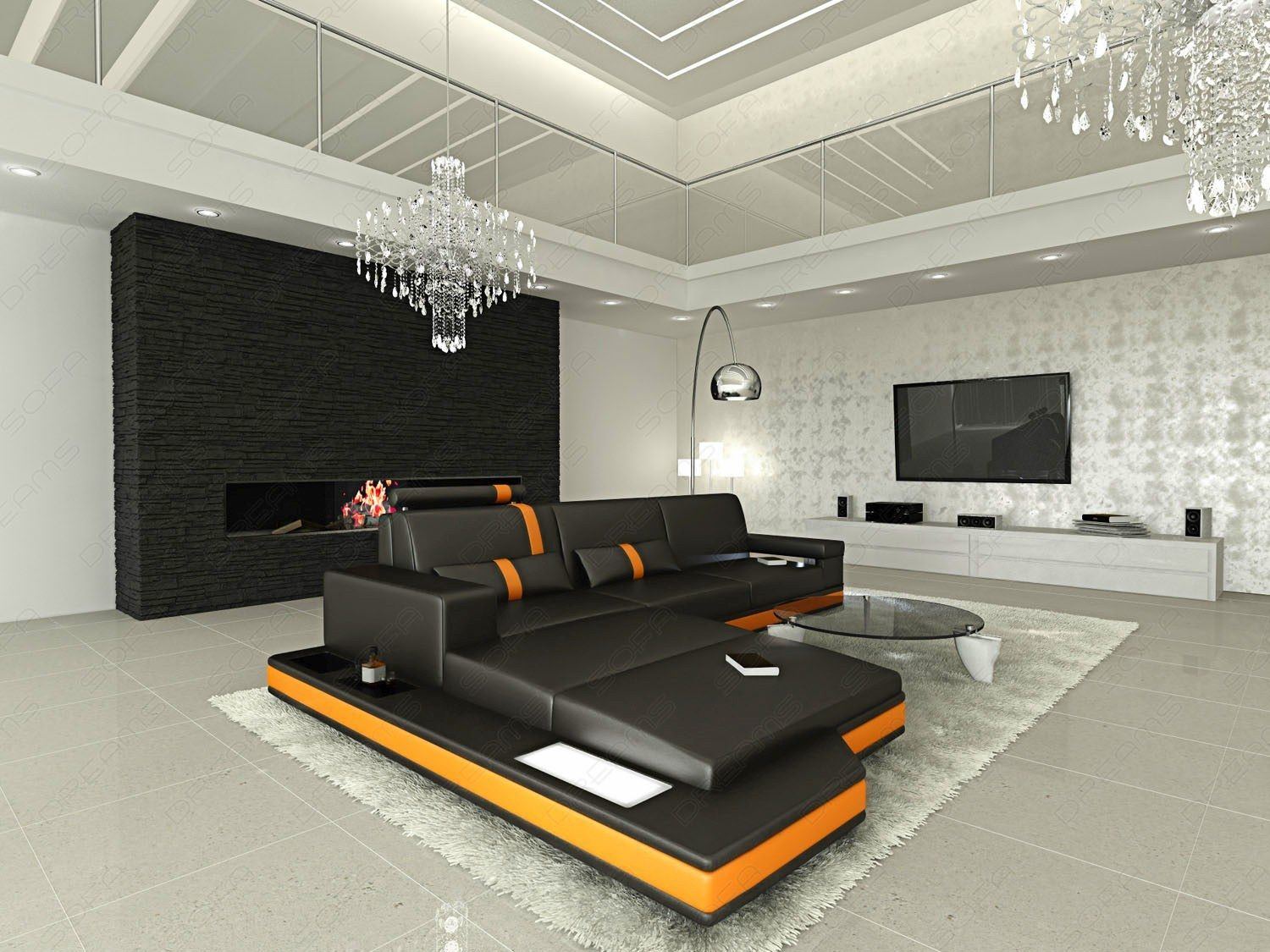 Modernes Ledersofa Messana in schwarz-orange