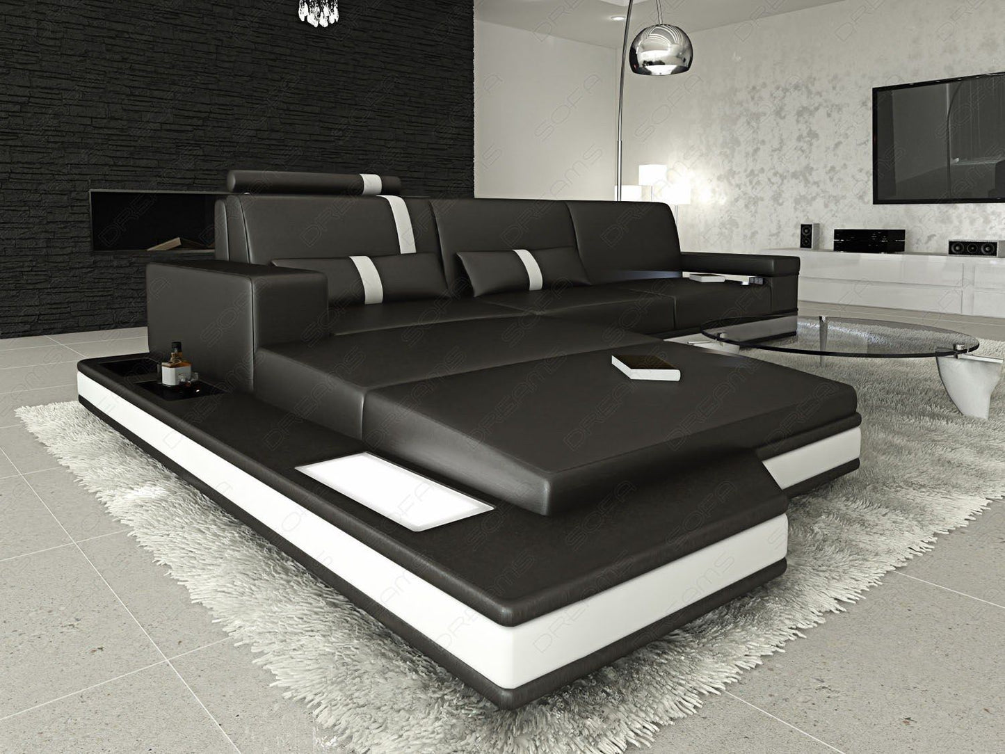 Ledersofa mit Ottomane mit Beleuchtung schwarz-weiss