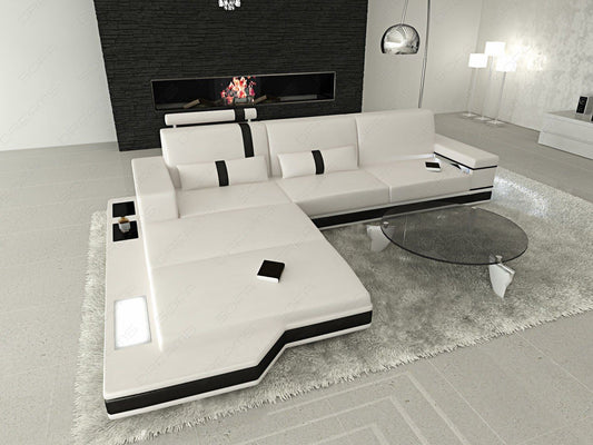 Ledersofa Messana L Form Mini mit Beleuchtung in weiss-schwarzer Farbkombination