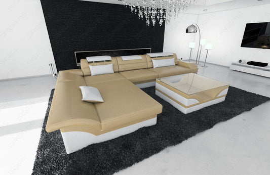 Eckcouch Monza L Form in Leder in sandbeige-weiss