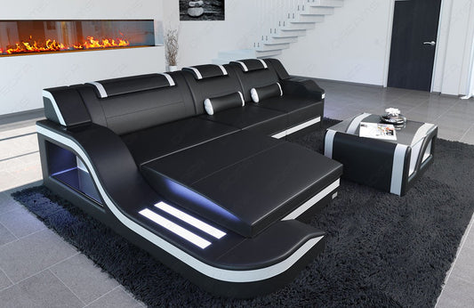 Ledersofa PALERMO L-Form mit LED Beleuchtung in den Farben schwarz-weiss