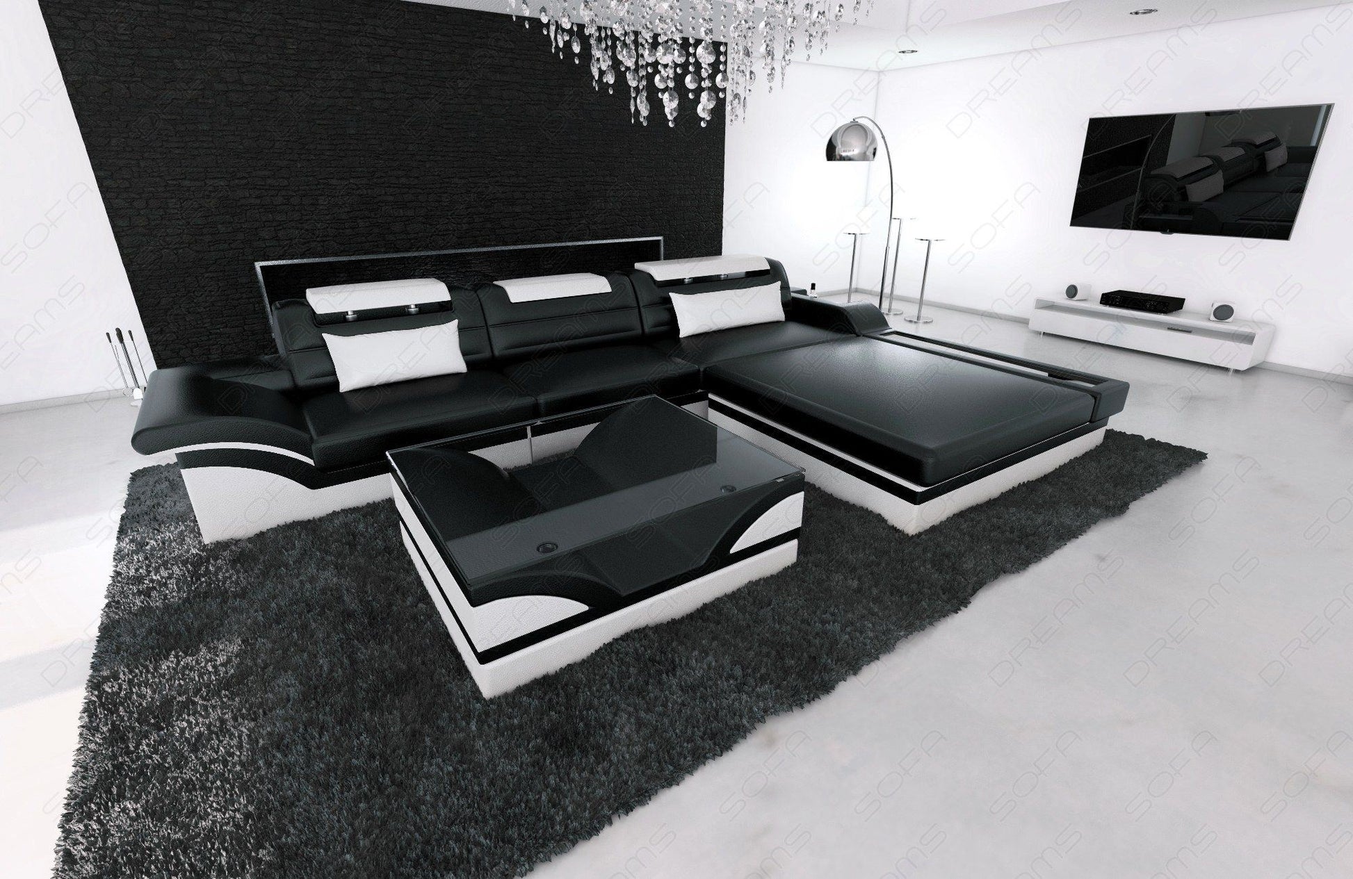 Ledersofa Parma als L Form in den Farben schwarz-weiss