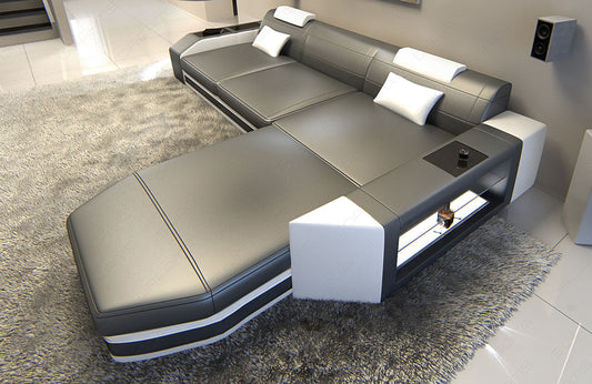 Designer Ledersofa Prato in grau-weiss mit Stauraum