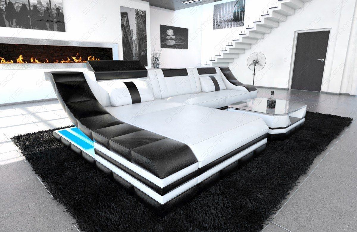 Designer Ledersofa Turino in weiss-schwarz