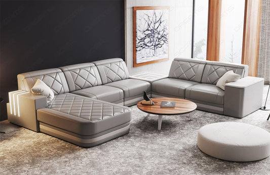 XXL Leder Sofa Cesena mit LED Ecke in grau-weiß