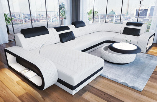 Ledersofa U Form Chesterfield Ottomane Berlin LED - Leder weiß-schwarz
