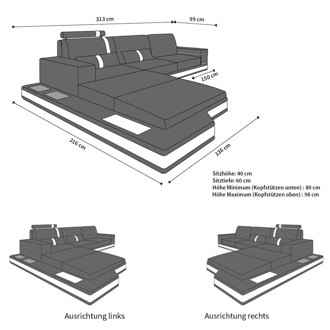 Die Maße der Designer Couch Messana L Form