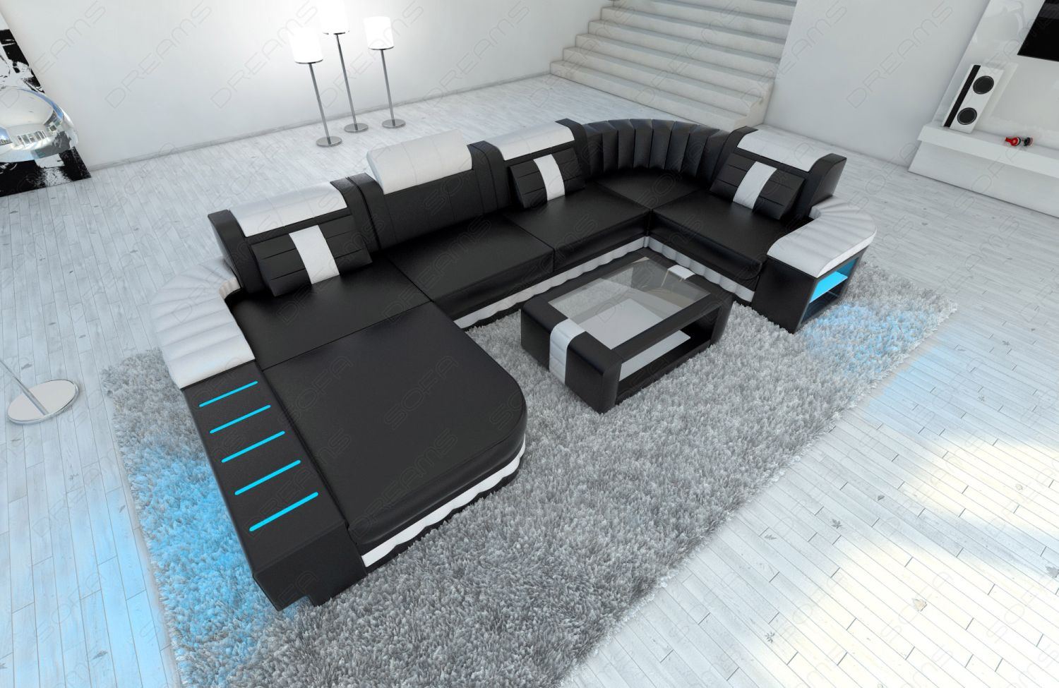 Ledercouch Wohnlandschaft Bellagio U Form in schwarz-weiss
