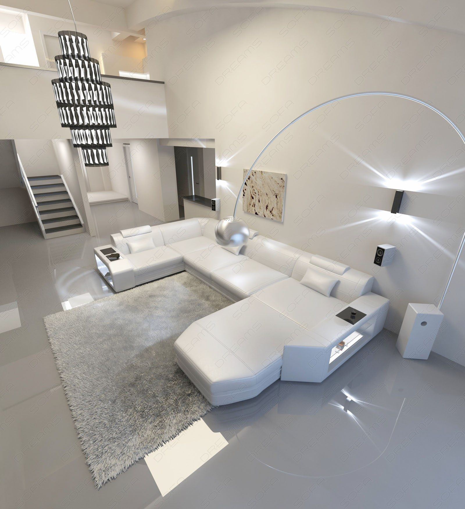 Designer Wohnlandschaft mit Beleuchtung Presto in weiss