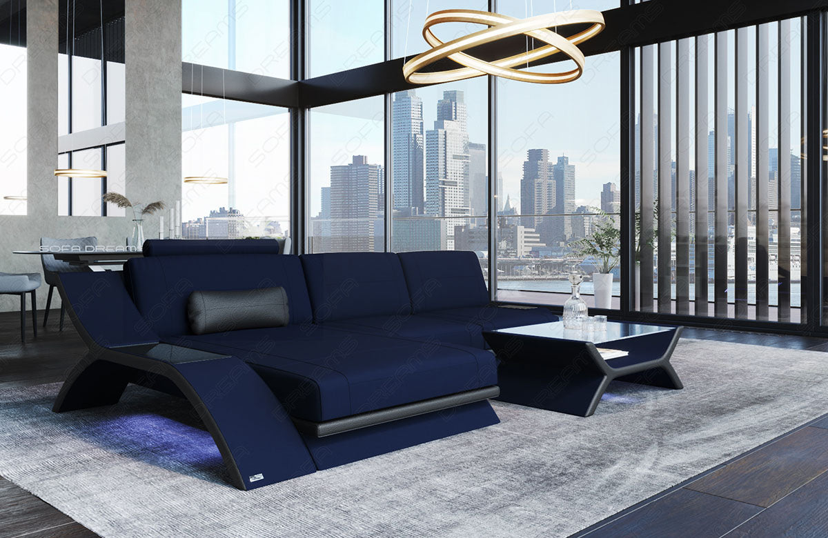 Mikrofaser Stoff Sofa Calabria L Form in dunkelblau - Mineva17