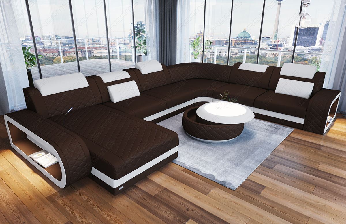 XXL U Form Sofa Berlin Stoff Mini in dunkelbraun - Mineva7