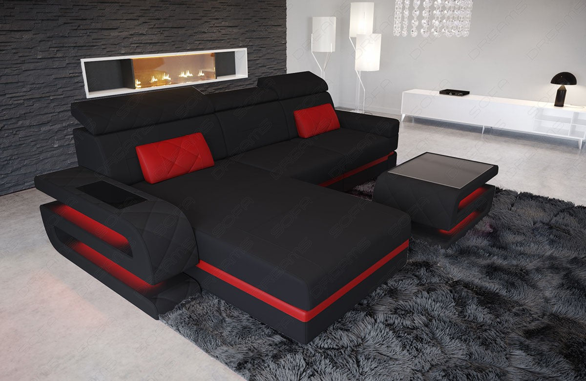Stoffsofa Bologna Mini L Form mit LED und USB Anschluss in schwarz - Mineva14 Akzentfarbe rot