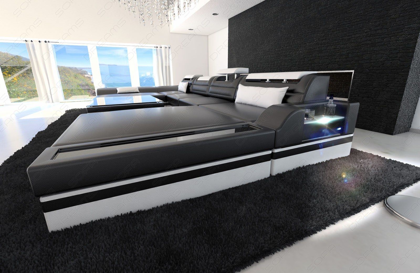 Leder Wohnlandschaft Monza U Form schwarz-weiss