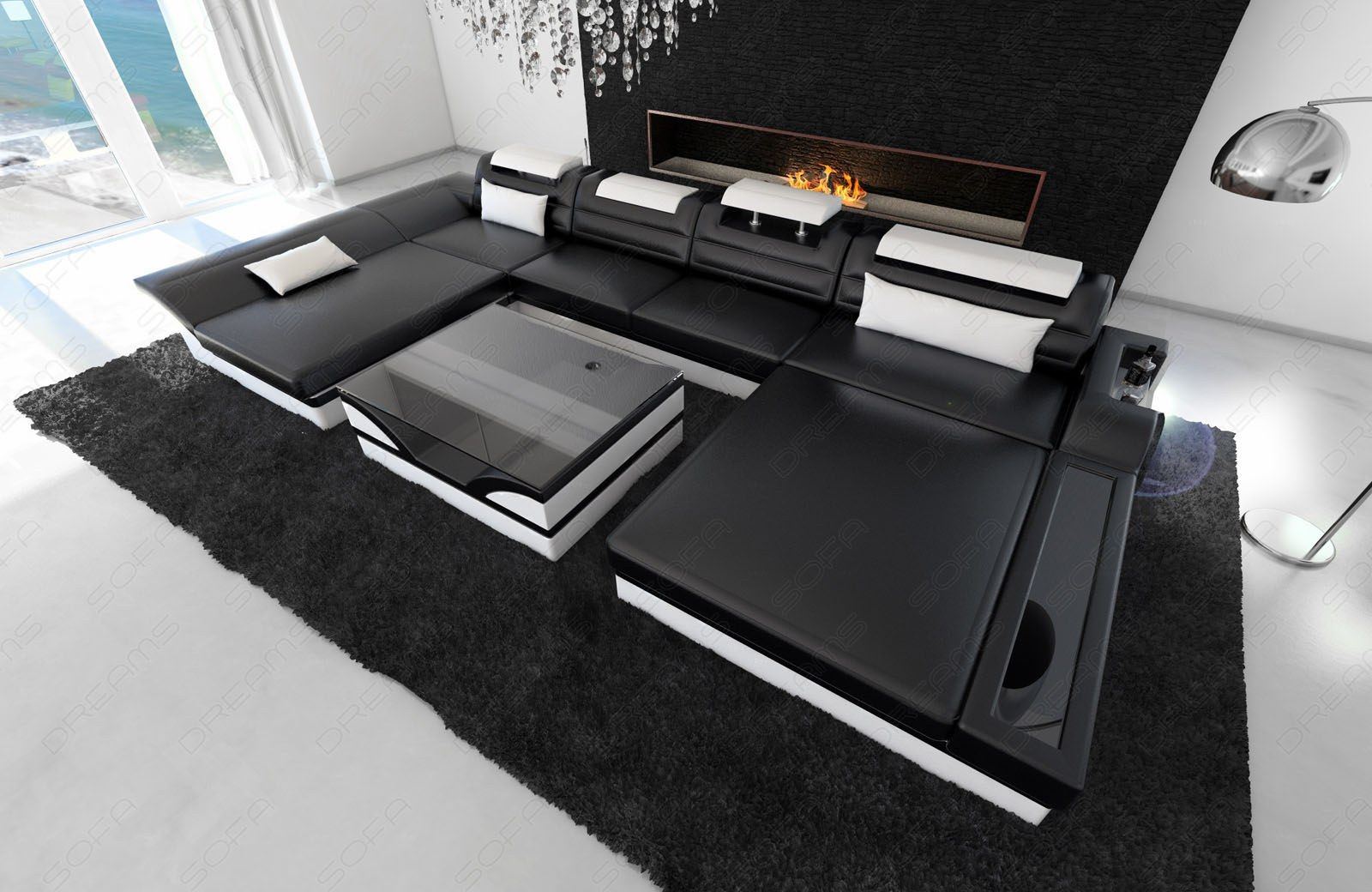Designer Sofalandschaft Monza U Form in schwarz-weiss