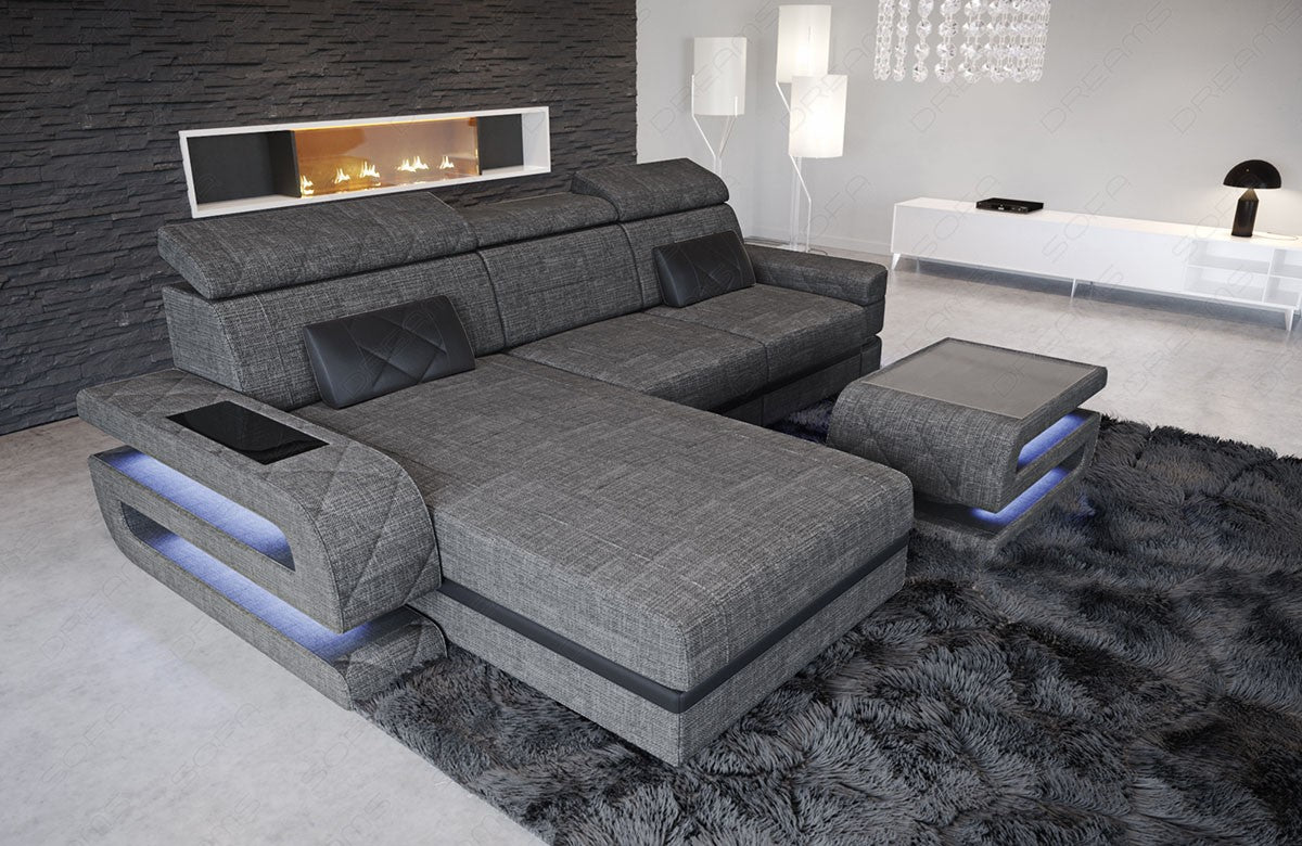 Stoffsofa Bologna Mini L Form mit LED und USB Anschluss in grau - Hugo5 Strukturstoff