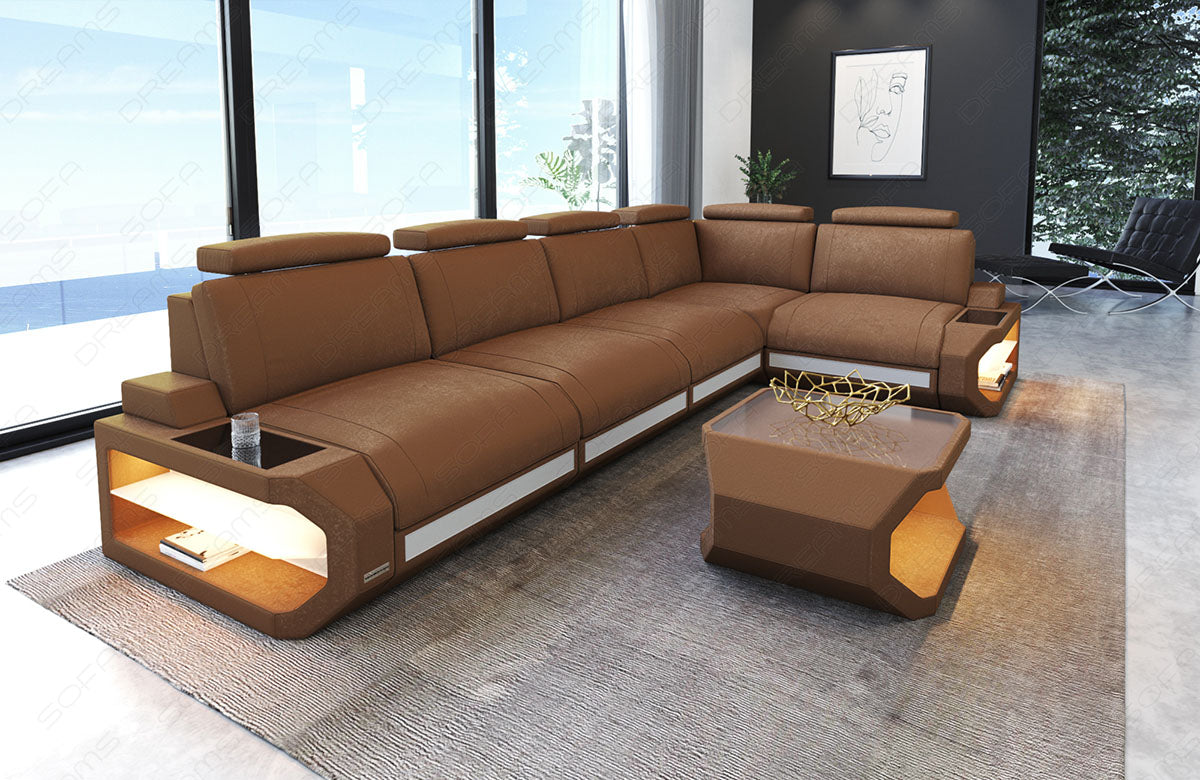 Modernes Stoff Ecksofa Siena L Form lang in camel - Altara2B Wildleder Optik