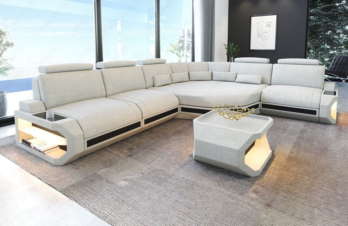 Stoffsofa Asti L Form in elfenbein - Hugo1 / optional sind Couchtisch und USB-Anschlüsse bestellbar