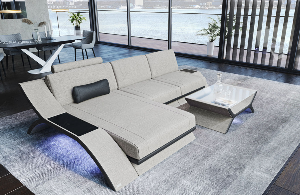 Design Stoff Sofa Calabria L Form in elfenbein - Hugo1 Strukturstoff