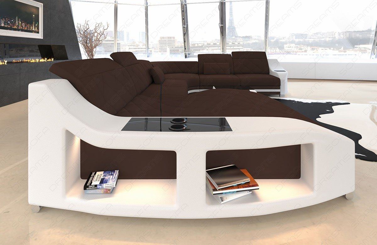 XXL Stoffsofa Swing Mini U Form Sofa mit LED und Ottomane in dunkelbraun - Mineva7