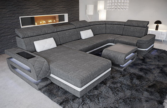 Mini Stoffsofa Bologna U Form in grau - Hugo5 - Akzentfarbe weiß