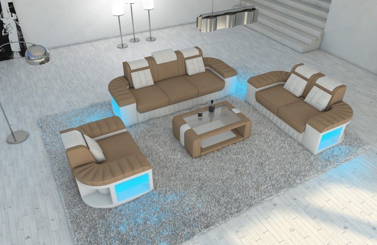Stoff Sofagarnitur Bellagio 321 + LED Beleuchtung in taupe - Mineva21