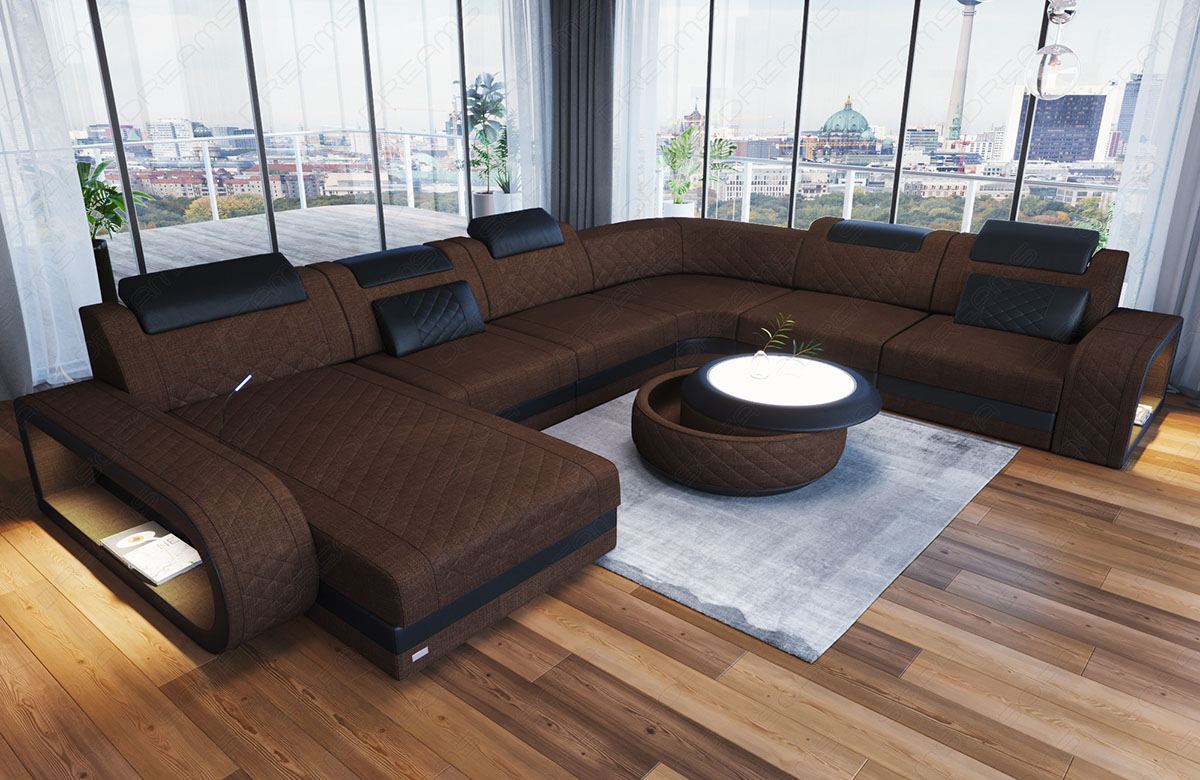 XXL U Form Sofa Berlin Stoff Mini in braun - Hugo8 Strukturstoff