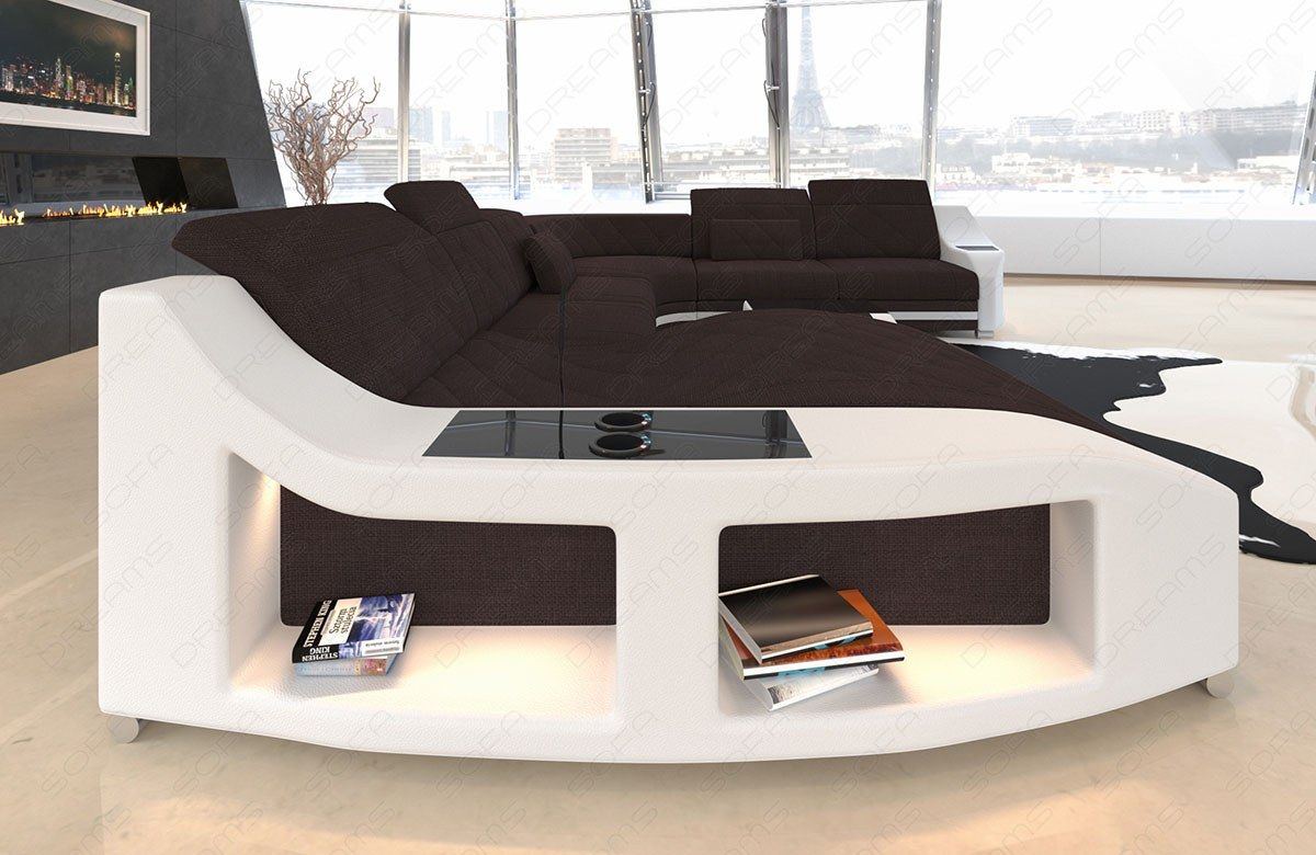 Detailbild der großen Armlehne beim XXL Stoffsofa Swing Mini U Form Sofa mit LED und Ottomane