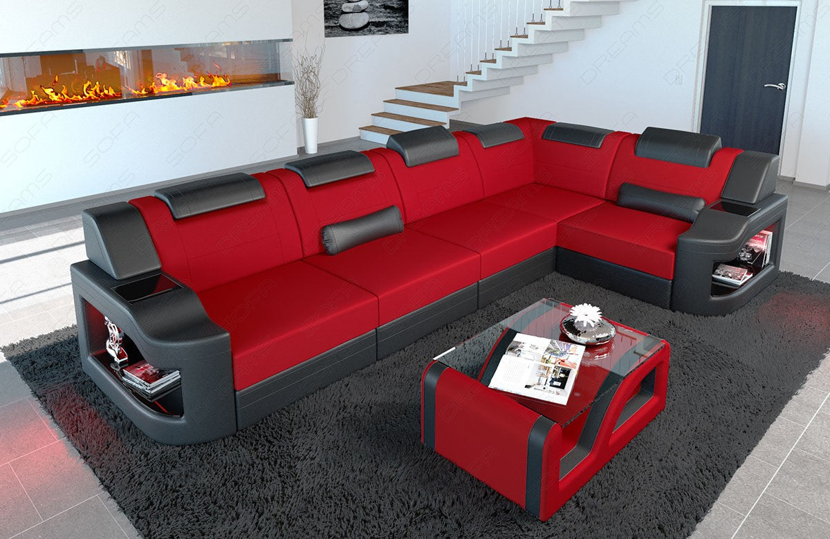 Polster Eckcouch Padua L mit LED in Mikrofaserstoff Mineva20 - rot