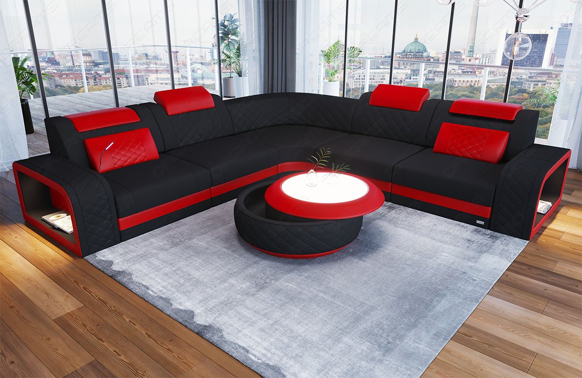 Ecksofa Foggia L Form Stoff in schwarz - Mineva14 - Akzentfarbe rot