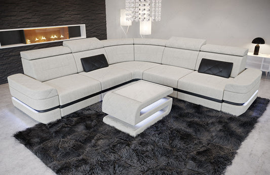 Stoff Ecksofa Positano L Form in elfenbein - Hugo1 - Nebenfarbe schwarz Strukturstoff