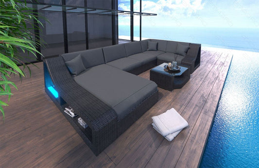 Rattan Sofa Turino U Form mit Polsterauflagen in Grau und LED Beleuchtung