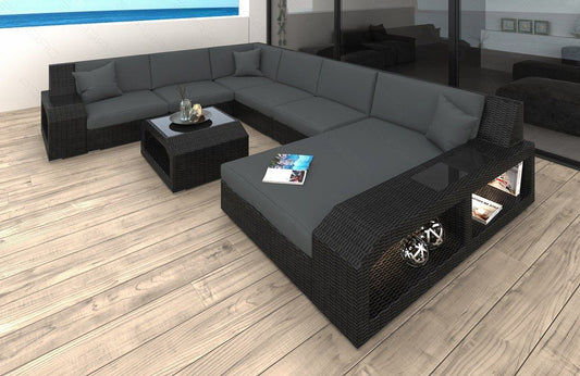Rattansofa Matera XXL mit Polsterauflagen in Grau und LED-Beleuchtung