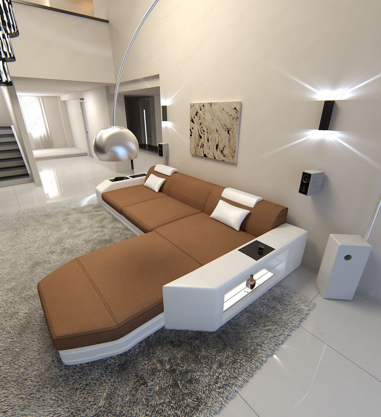 Mini Stoffsofa Prato als L Form Sofa mit Beleuchtung in hellbraun - Mineva5
