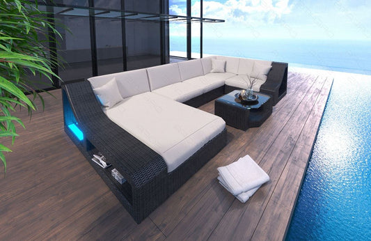 Rattan Sofa Turino U Form mit Polsterauflagen in creme und LED Beleuchtung
