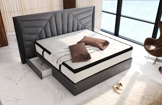 Boxspringbett Monaco Samtstoff Bezug, LED Beleuchtung und Schubladen in silbergrau - SunVelvet1014 - Nebenfarbe schwarz