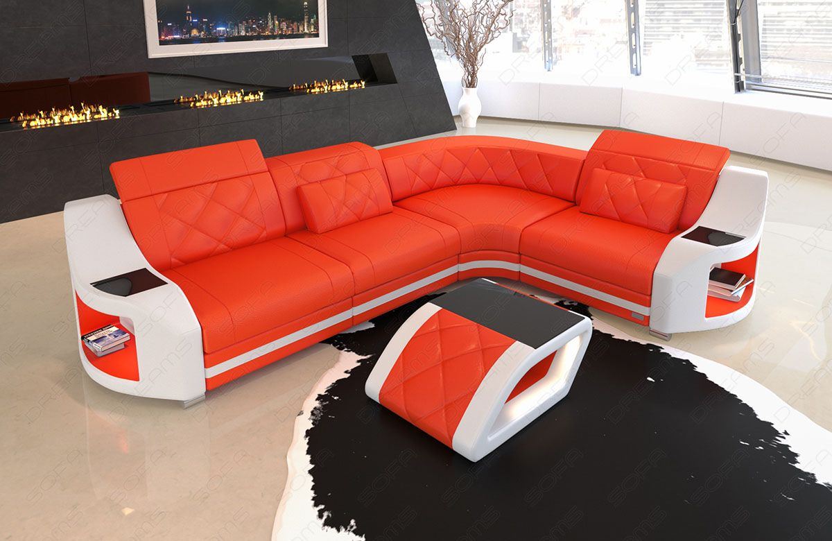 Ecksofa Couch Genua LED Beleuchtung in orange - weiss