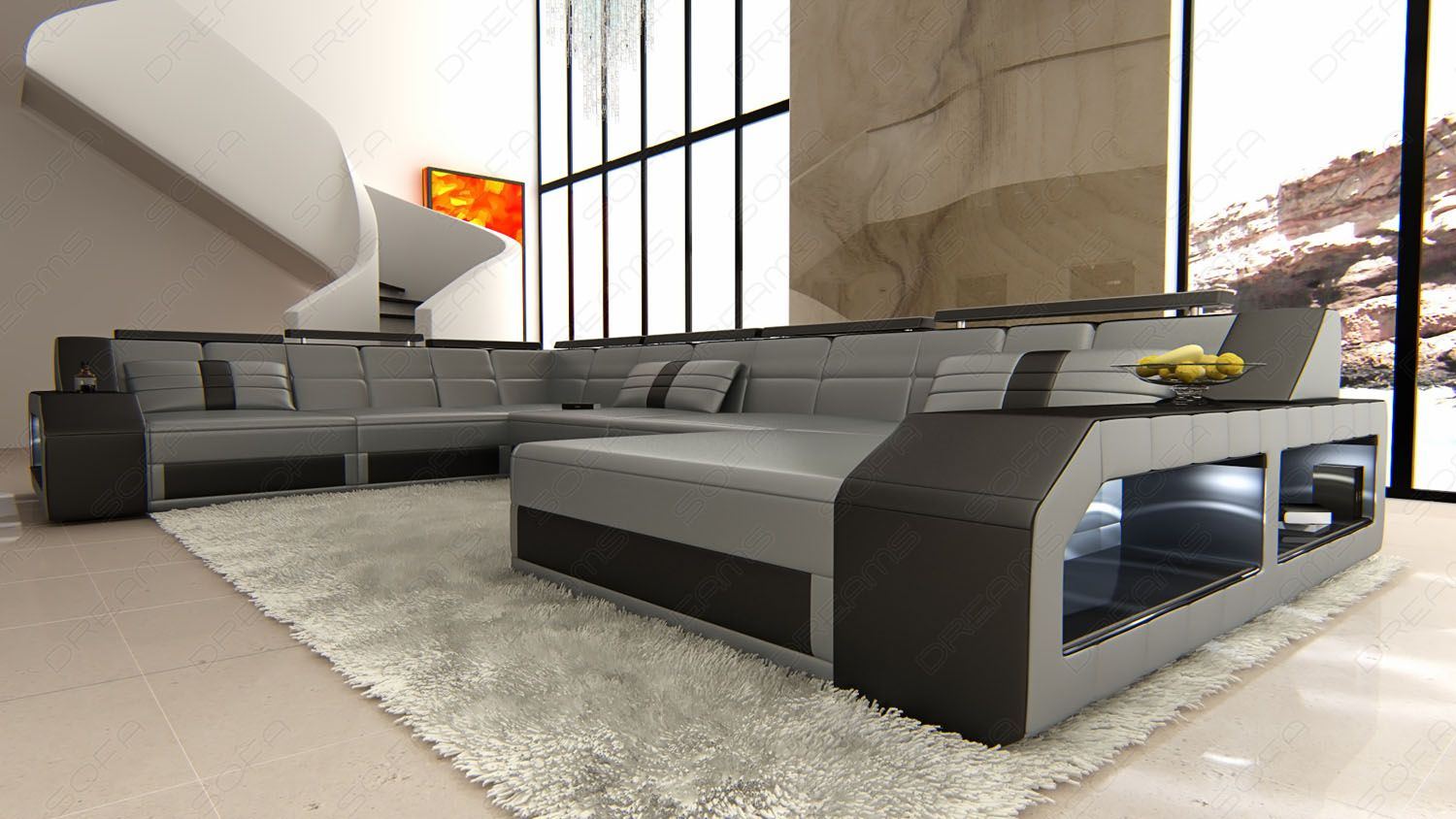 Designer Couch Echtleder Matera XXL LED grau-schwarz