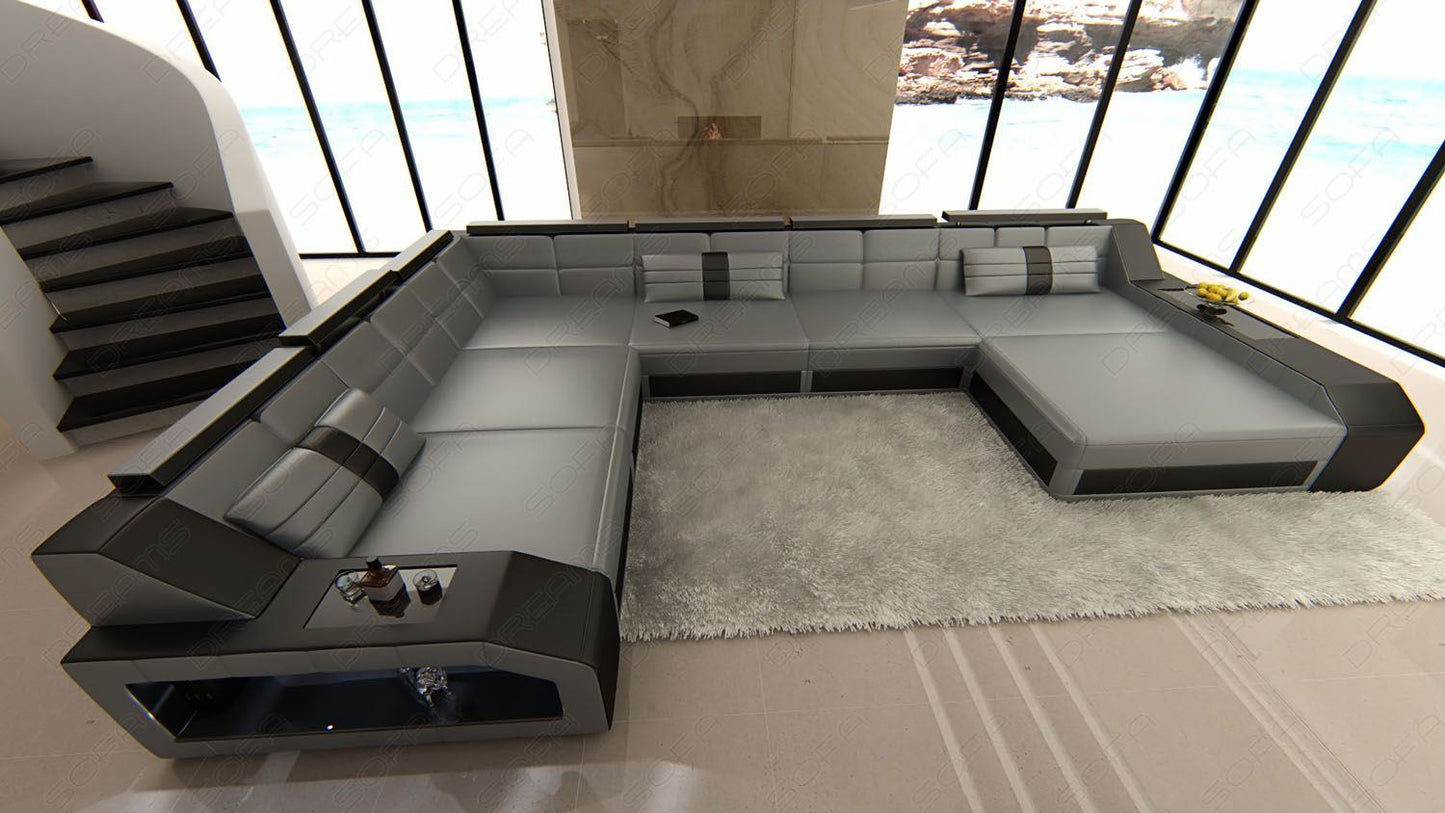 Designer Sofa Echtleder Matera XXL LED grau-schwarz